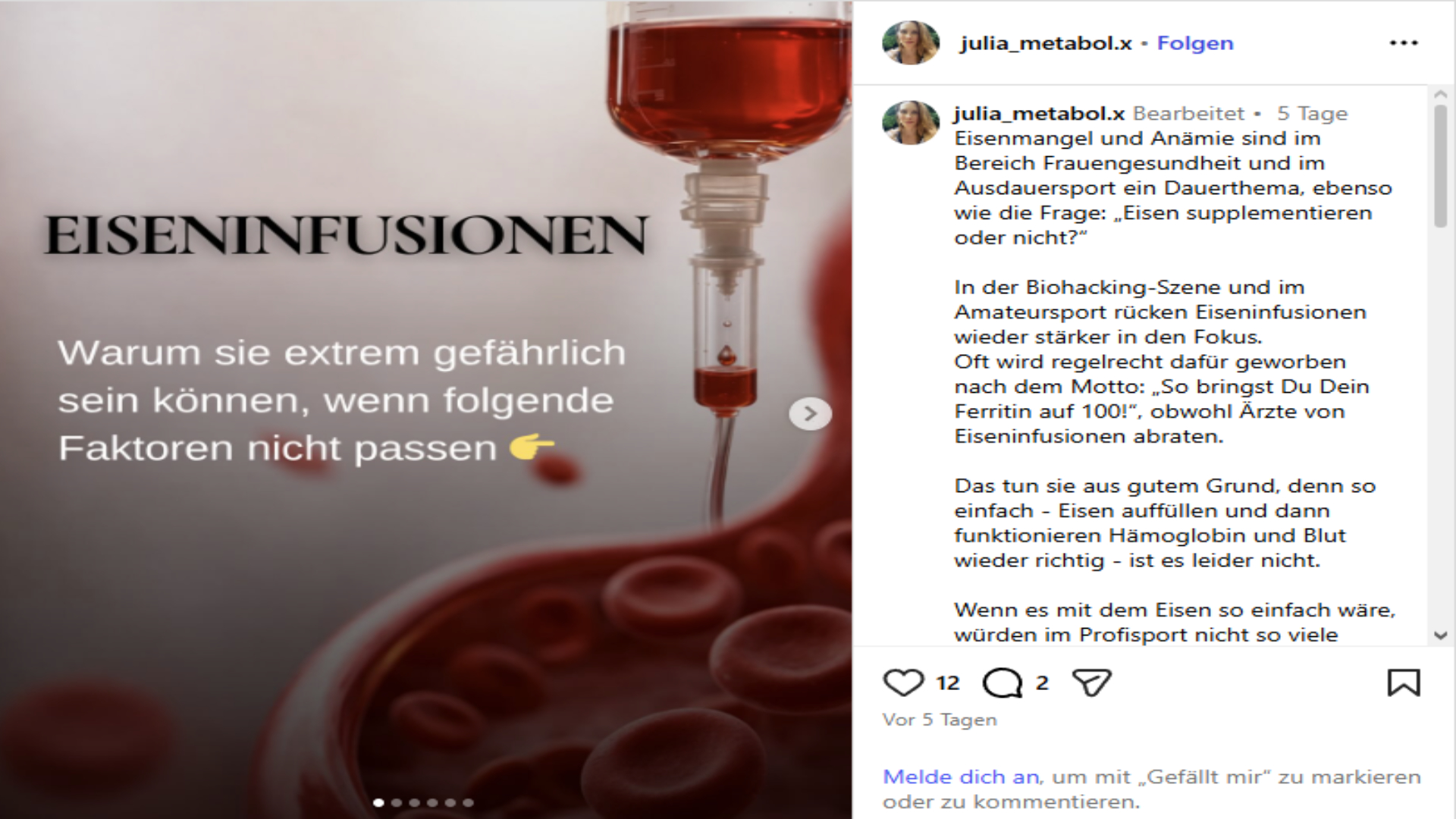 Instagram Post von Julia zum Thema Eisen-Infusion